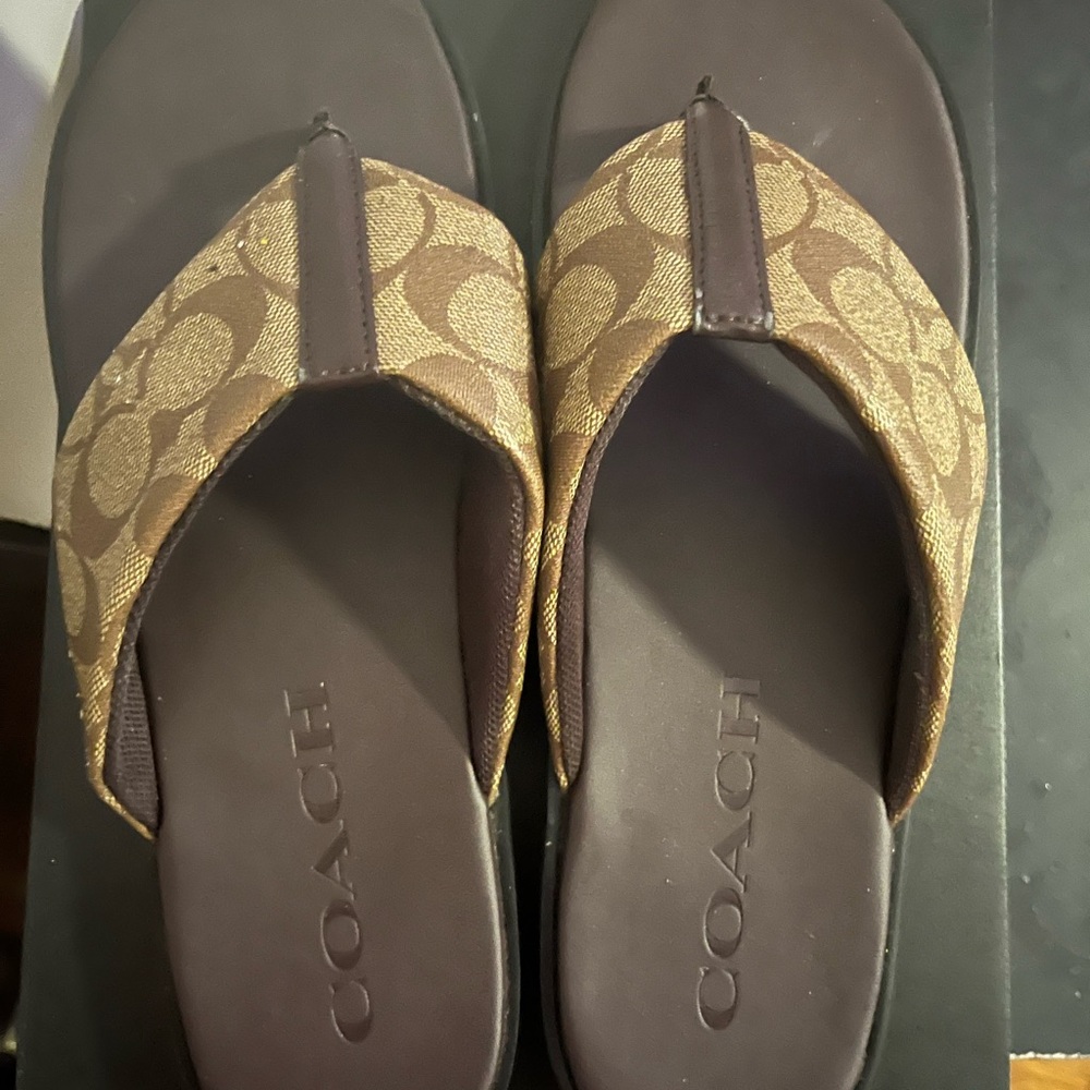 Coach Signature Brown and Tan Flip Flops